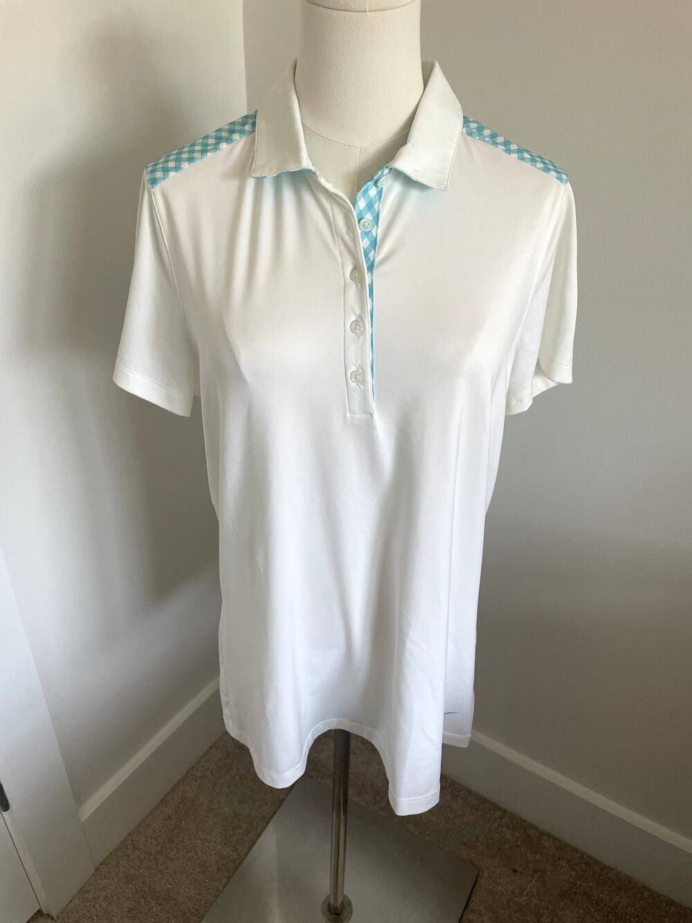 Nike Golf Tour Performance Dry Fit White Blue Checked Trim Women Golf Shirt Sz L